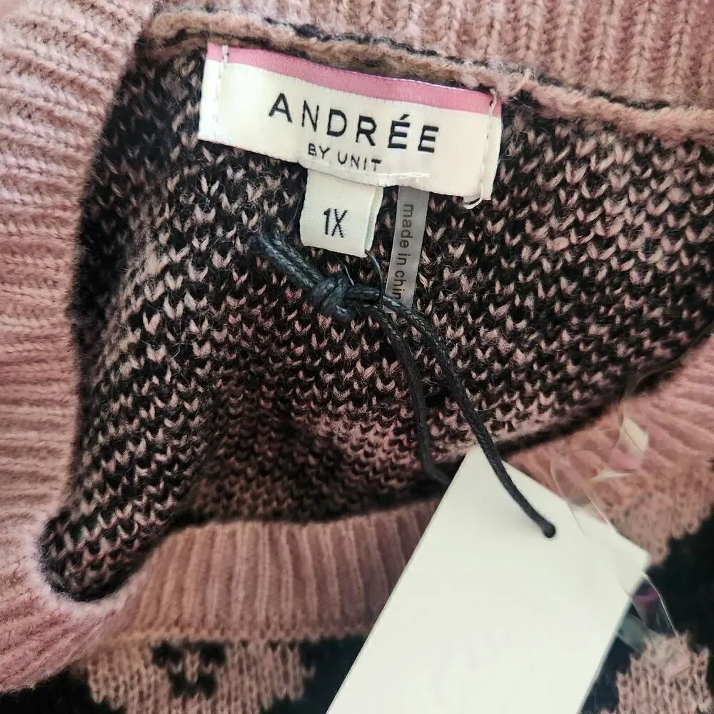 Andree by Unit Sweater Womens 1X Plus Geometric Animal Leopard Crewneck - Picture 2 of 3